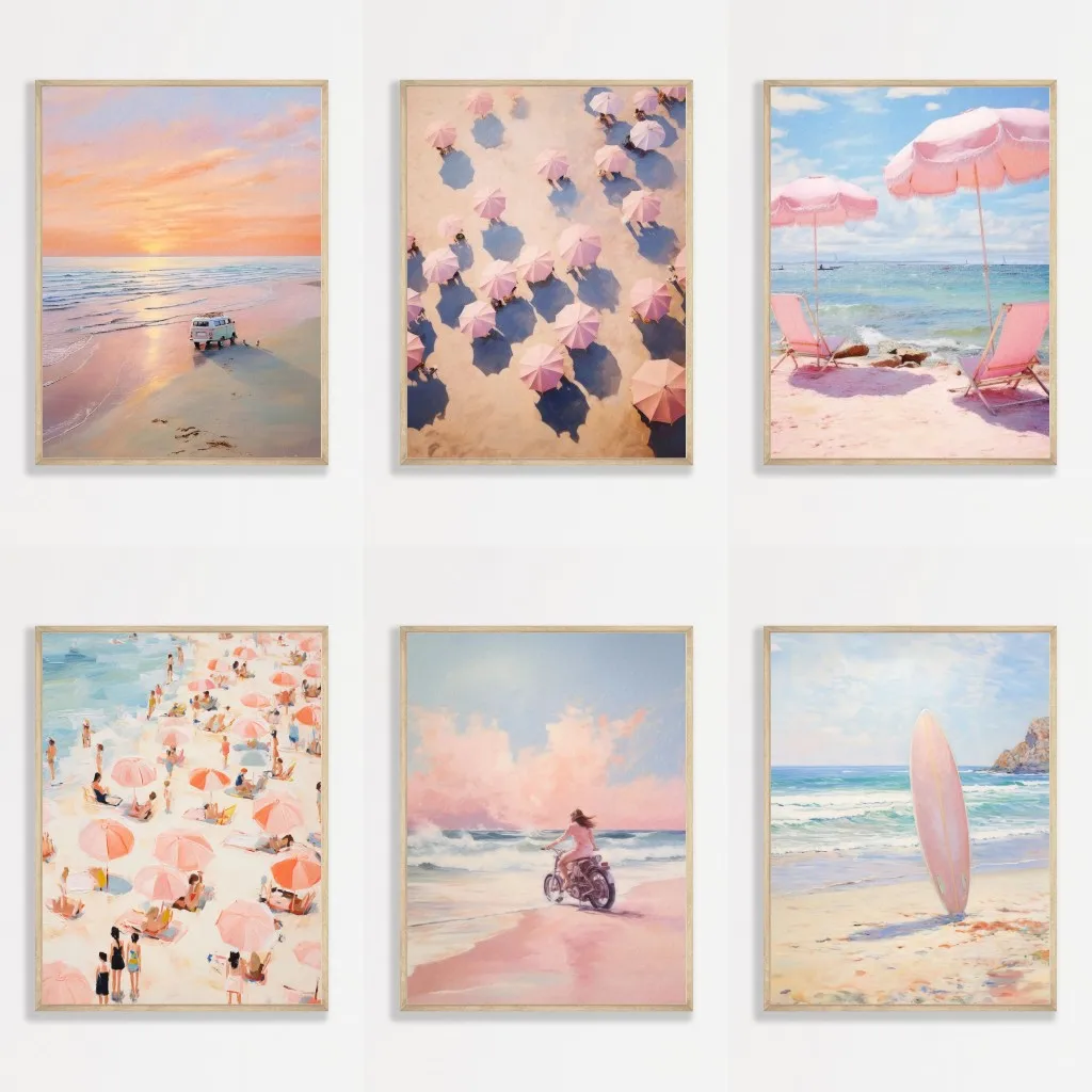 2026 Retro Pink Coastal Landscape Art Print Girly Pastel Beach Painting Sunset Umbrellas Canvas Poster Apartment Bedroom Decor