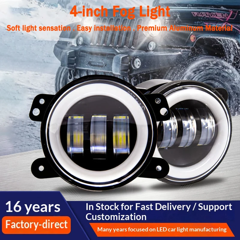 

30W Fog Lights Car LED 4 inch Front Bumper Fog Light For Jeep Wrangler JK TJ Off-Road With White Halo Ring DRL Angel Eyes Lamp