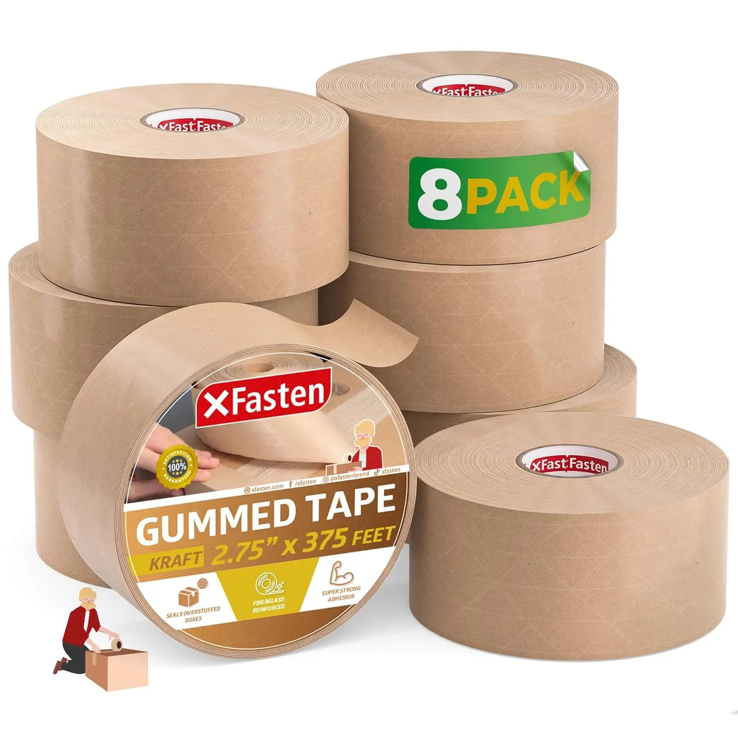 

Water Activated Tape Brown with Reinforced Fiberglass Backing 2.75-Inch x 375-Feet (8-Pack, 3000ft Total) Water Activate