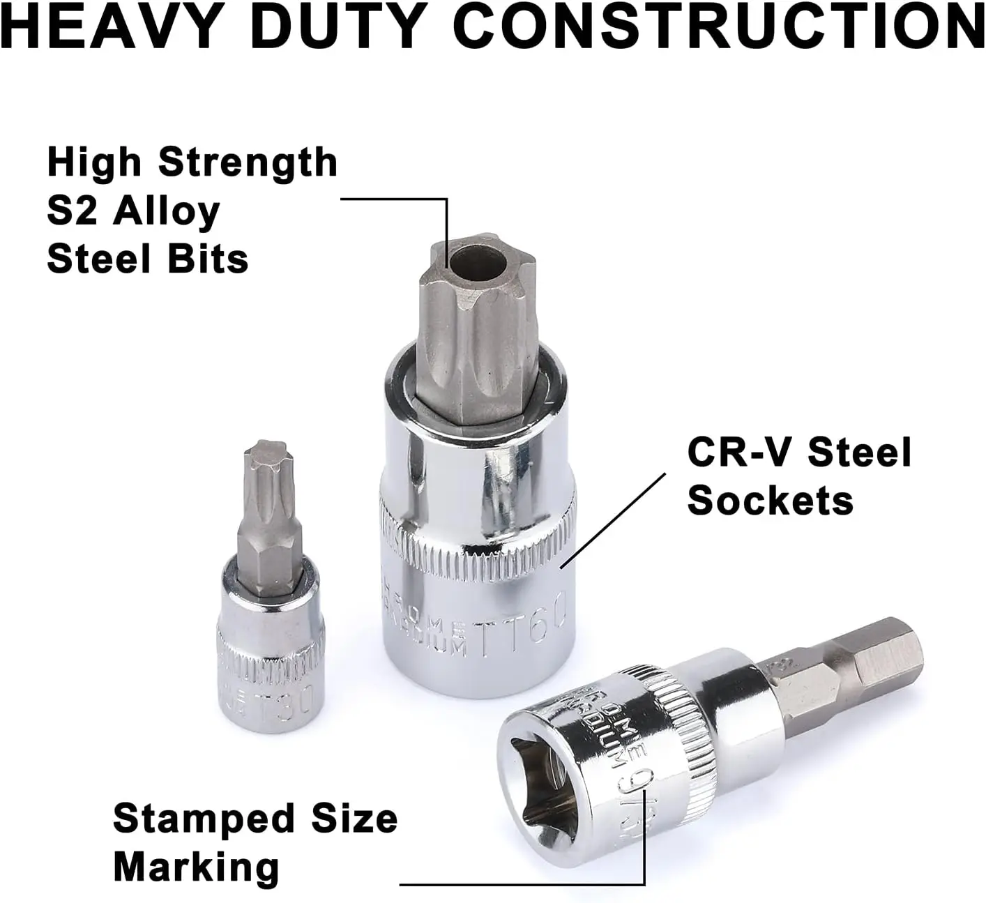 O soquete do bocado ajustado, movimentação longa extra, inviolável Torx, encanta, extremidade da bola encanta, SAE, métrico, S2, 1, 4 ", 3, 8", 1, 2 "movimentação, 107 peças