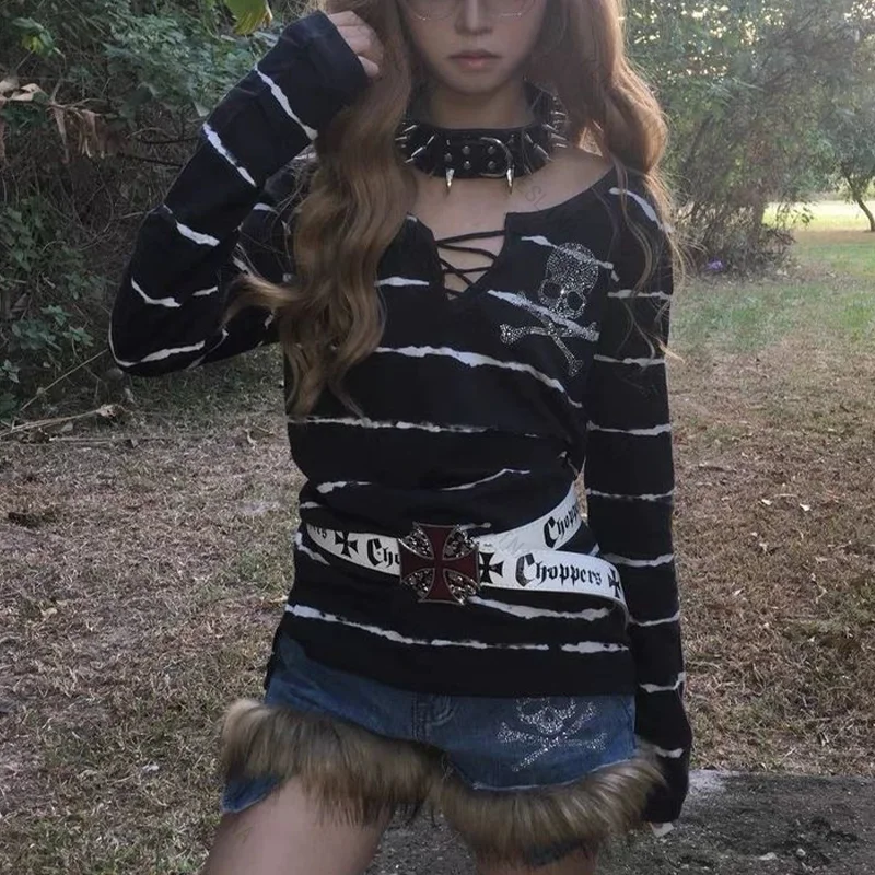 E-girl Gotico Retro Harajuku Y2k Sottocultura Millennium Hot Girl Style Top a maniche lunghe a righe High Street Trendy Top a maniche lunghe