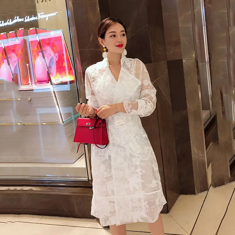 Women Mid-length White Lace Thin Trench Coat With Suspenders Tops With Sashes Spring Autumn Lapel Long Sleeve Female Outerwear