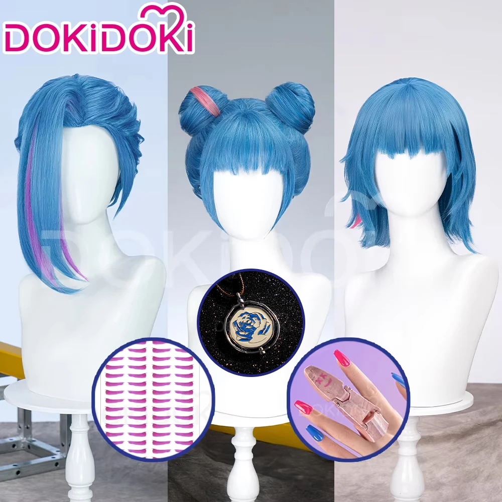 IN STOCK Jinxx Wig Game DokiDoki-R Women 38cm Blue Hair Jinxx LOL Cosplay Tattoo Necklace Nails Bun Wig Luminous Ball Free Cap