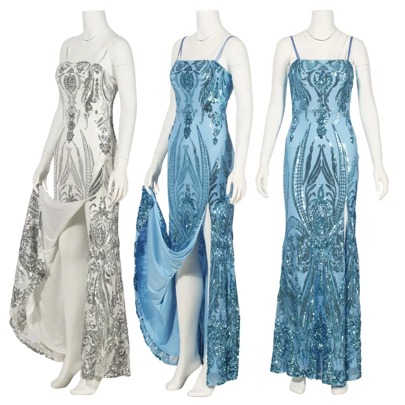 

New European and American Summer Women's Wrapped Chest Split Dress Sequin Formal Dress