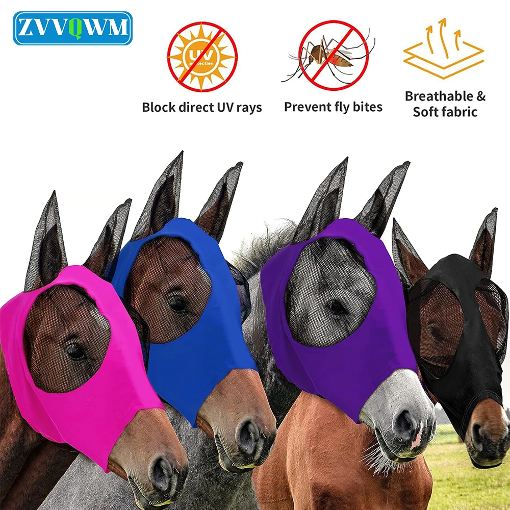 1Pcs Horse Fly Mask with Ears,Horses Face Masks for Flies, Breathable Mesh Eye Cover, UV Protection Horse Masks for Pasture Barn