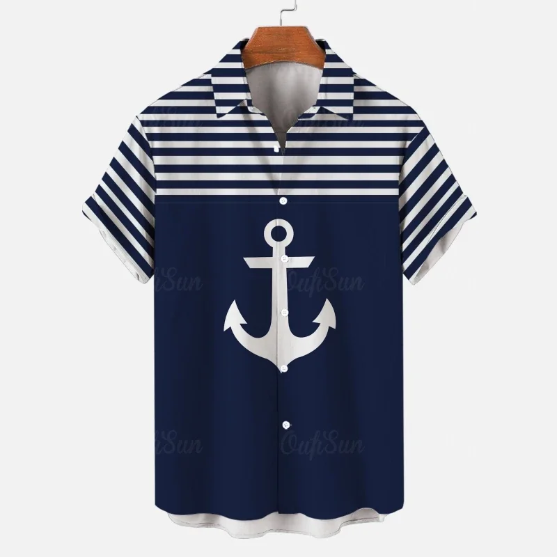 2024 Men's Shirt 3d Boat Anchor Stripe Print Hawaiian Shirts For Men Daily Casual Short Sleeve Shirts Loose Oversized Clothing