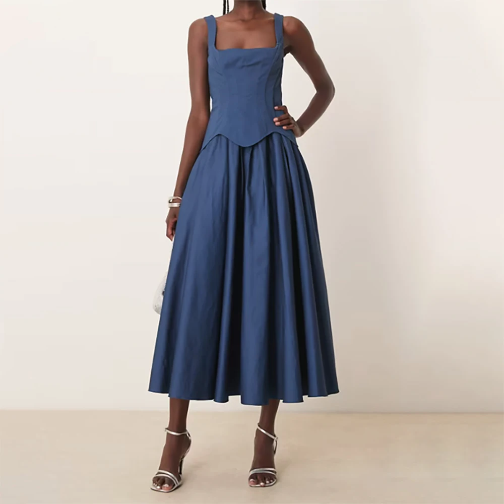 

Elegant 2025 Summer Women's Evening Dress Prom Party Dresses Square Neck A-Line Sleeveless Tea Length Formal Wedding Guest Gown