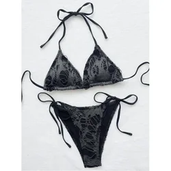 Gothic Grunge Swimsuit Distressed Micro Bikini Y2K Bathing Suits Halter Strappy Lace Up 2026 Trend Woman Punk New Beach Swimwear