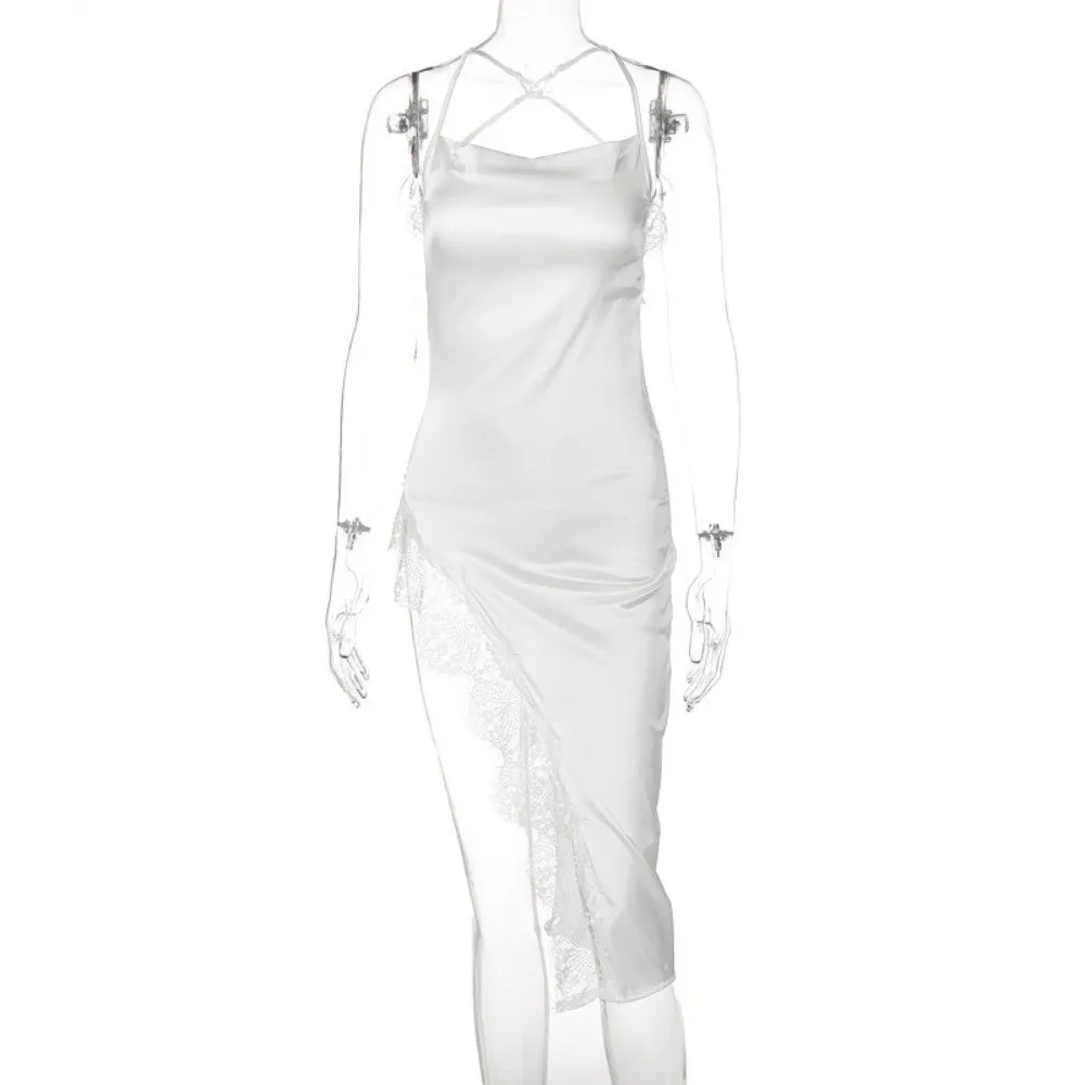 Home Wear Split Women Nightgown Beauty-back Spaghetti Strap Lace Pajama Dress Sleeveless V Neck Satin Silk Nightdress Homewear