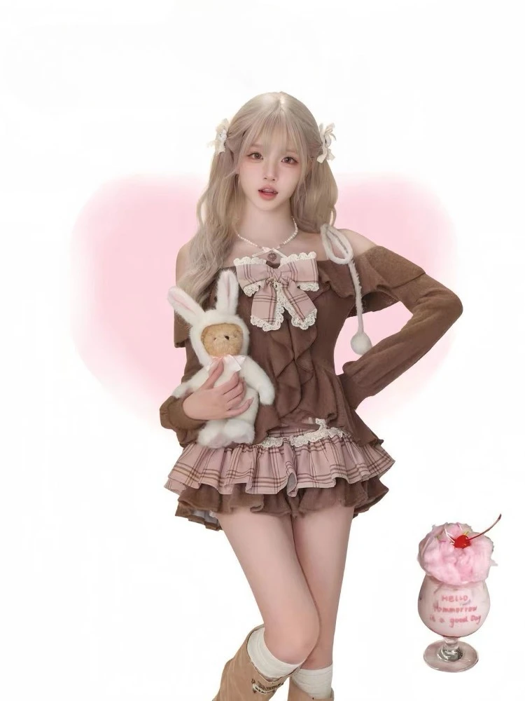 

Sweet Ruffles Patchwork Long Sleeve Slim Fit Tops Women+ High Waist Ruched Cake Skirts 2025 Spring New Two Piece Sets