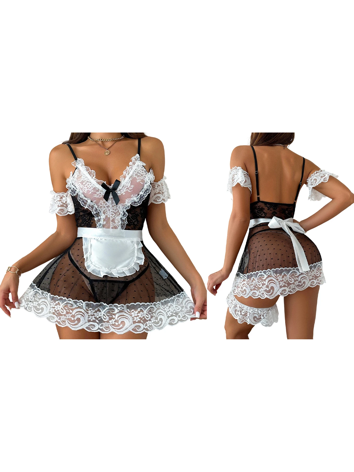 مثير خادمة الفرنسية زي شير الدانتيل بيبي دول مجموعة الملابس الداخلية مع مطابقة الرباط حزام وجوارب الفخذ العليا ملابس خاصة #5