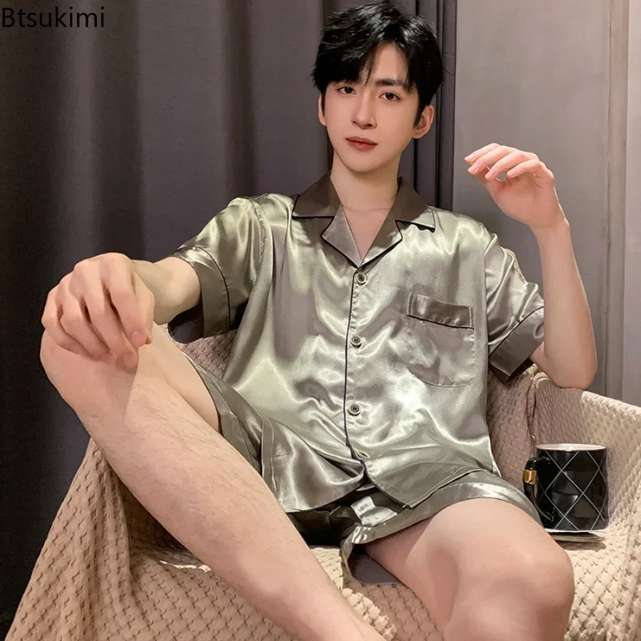 2025 Men's Pajama Sets Silk Satin Pijama Turn-down Collar Sleepwear Short Sleeve Summer Nightwear Male 2 Pieces Sets Homewear