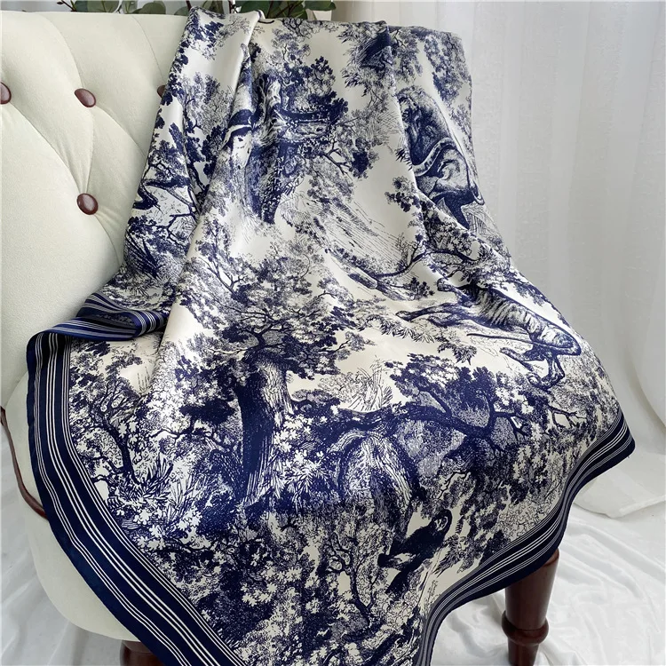 OMEA 100% Real Silk Satin 14mm Large Square Scarf 90cm Navy Blue Jungle Luxury Accessories Hijab Handroll Headband Free Shipping