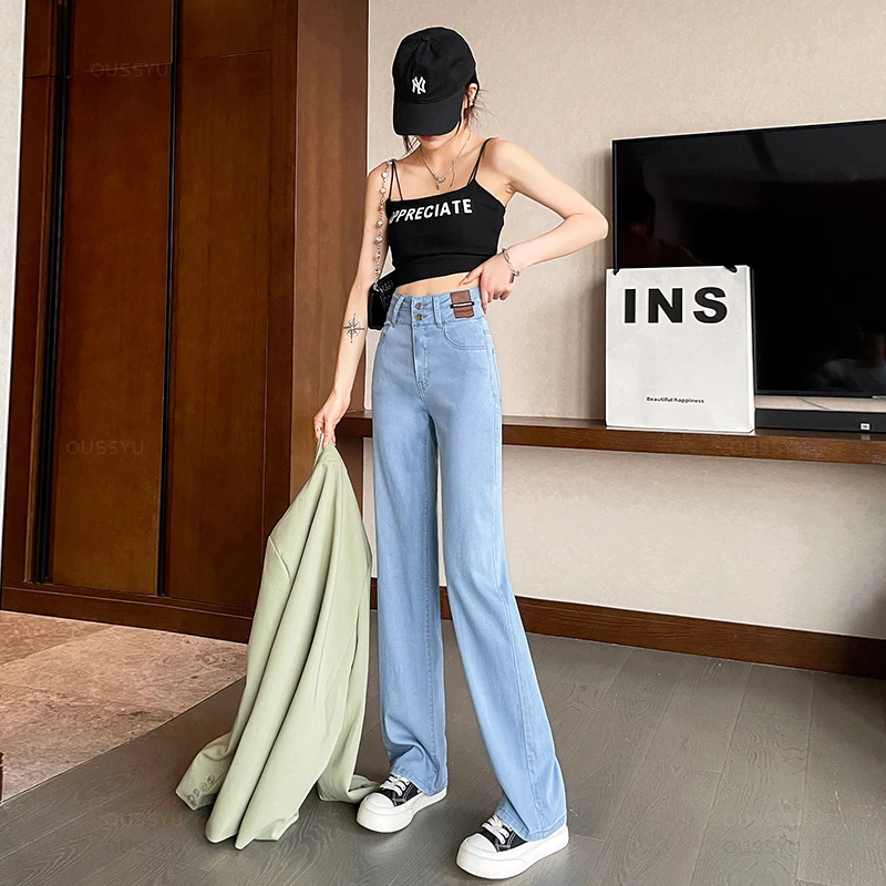 Summer Ultrathin Lyocell Women\'s Jeans High Waist Straight Fashion Pants Streetwear  Casual Female Wide Leg Denim Trouser