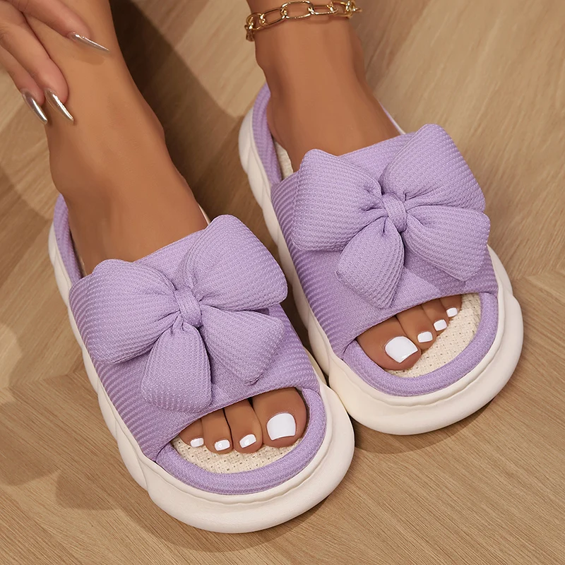 Big Bowtie Soft Sole Linen Slippers Women 2024 Winter Non Slip Flat Heels Home Slippers Woman Couple Indoor House Shoes Slides