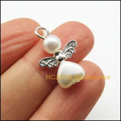 20 New White Acrylic Angel Charms Silver Plated Tiny Heart Pendants 14x22mm