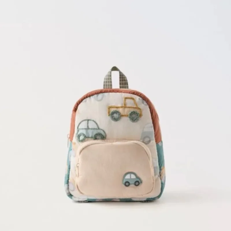 New Stylecartooncar Pattern Embroidered Childrens Backpack Fashionable and Versatile Kindergarten School Bag for Boys and Girls