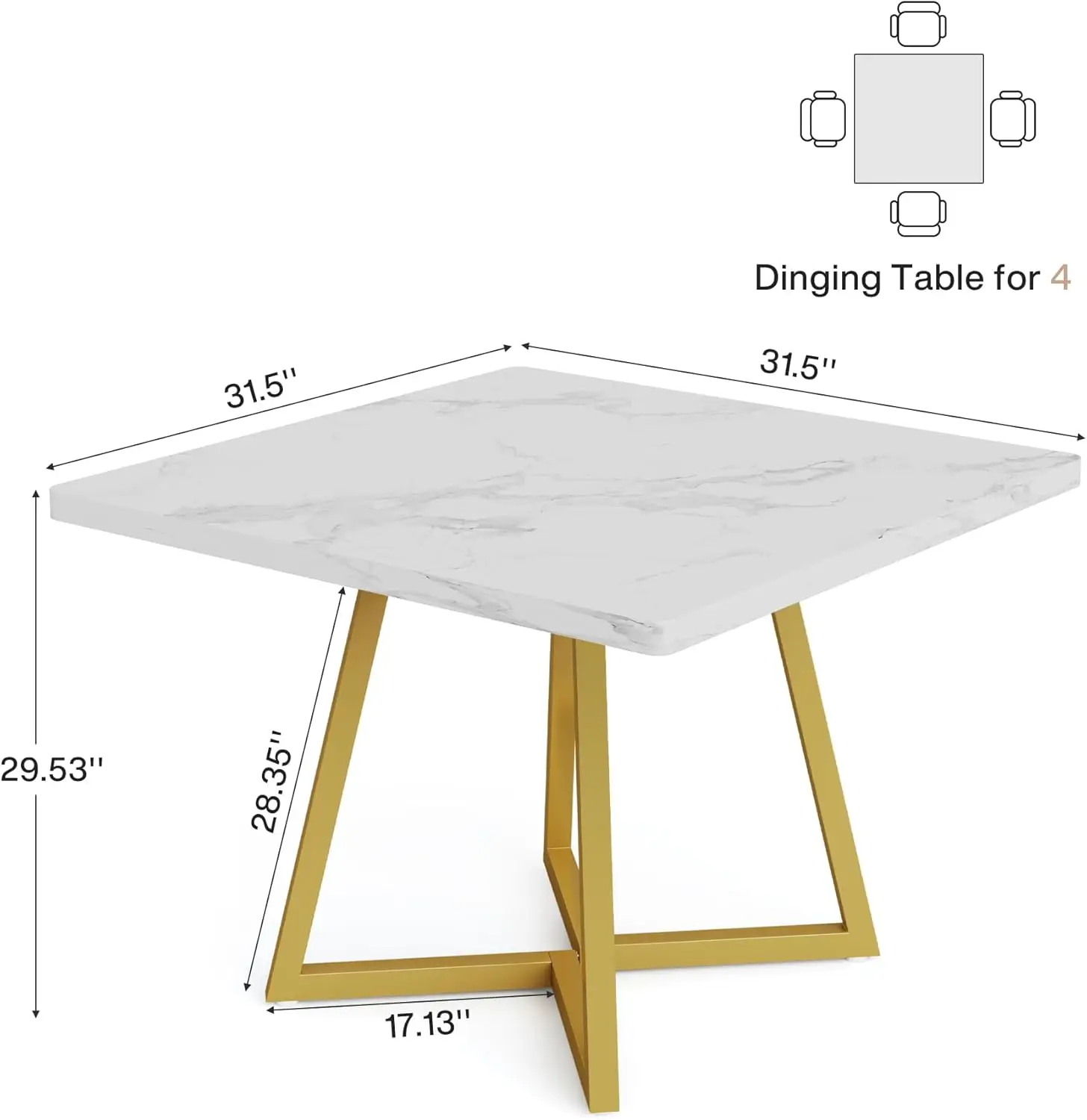 Modern 31.5' Square Dining Table for 2, White & Gold Metal Base, Small Space Kitchen or Apartment Use