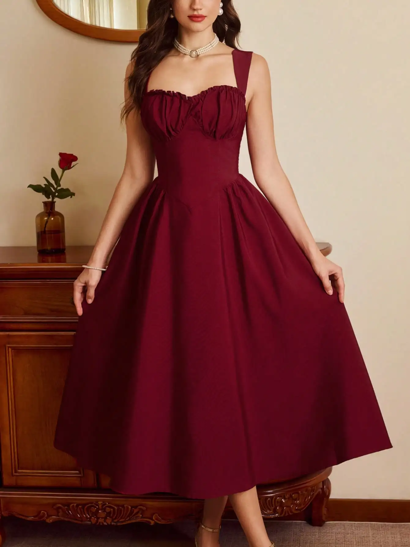 

Burgundy Midi Dress with Sweetheart Neckline, Ruched Bust and A-Line Skirt