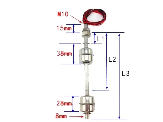 150mm 300mm 500mm Stainless Steel Magnetic Float Level Switch 3-Point Water Level Alarm M10x1.5 thread