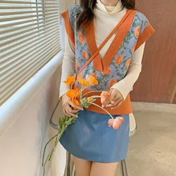 Orange Flowers Women's Knitted Vest Loose Pullover Female Sweater Waistcoat V-Neck Casual Tops 2024 Crochet Clothes on Offer Y2k