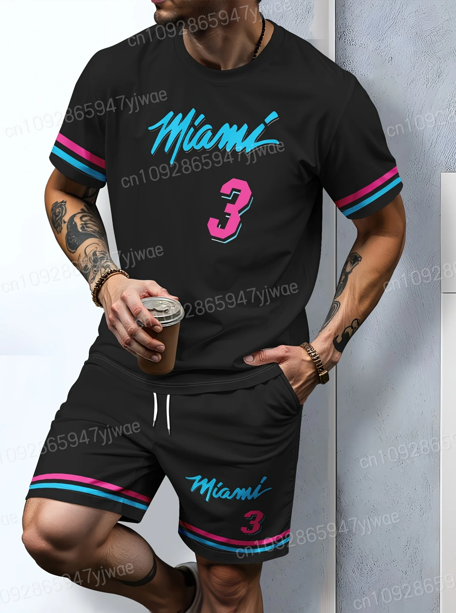 Summer Stripe Miami 3 Printed Men's Suit 2 Pieces Set Casual Suit Sport Wear T-Shirt Set Men's Tracksuit Plus Size Men Clothing