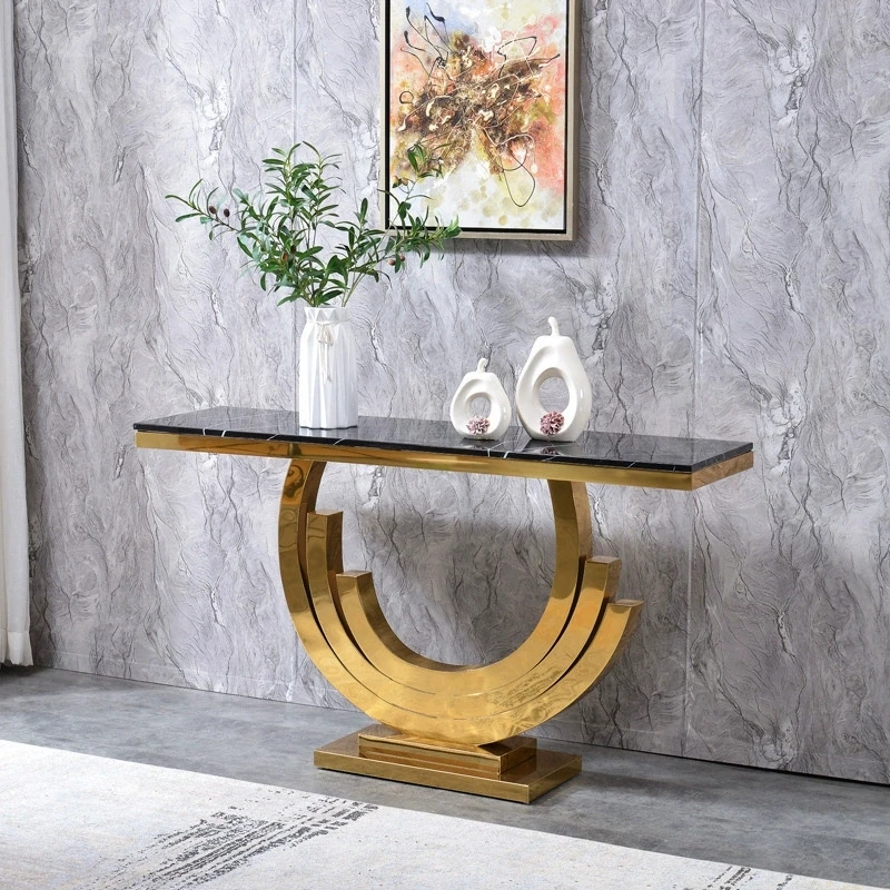 

Luxury Modern Furniture Living Room Corner Half Moon Slimline Long Gold Metal Square Black Art Marble Top Console Tablepromote s