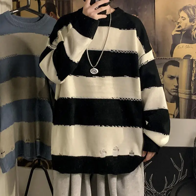 

season ins stripe hole round collar sweater man han edition tide loose sweaters turtleneck sweaters restoring ancient ways Y2K