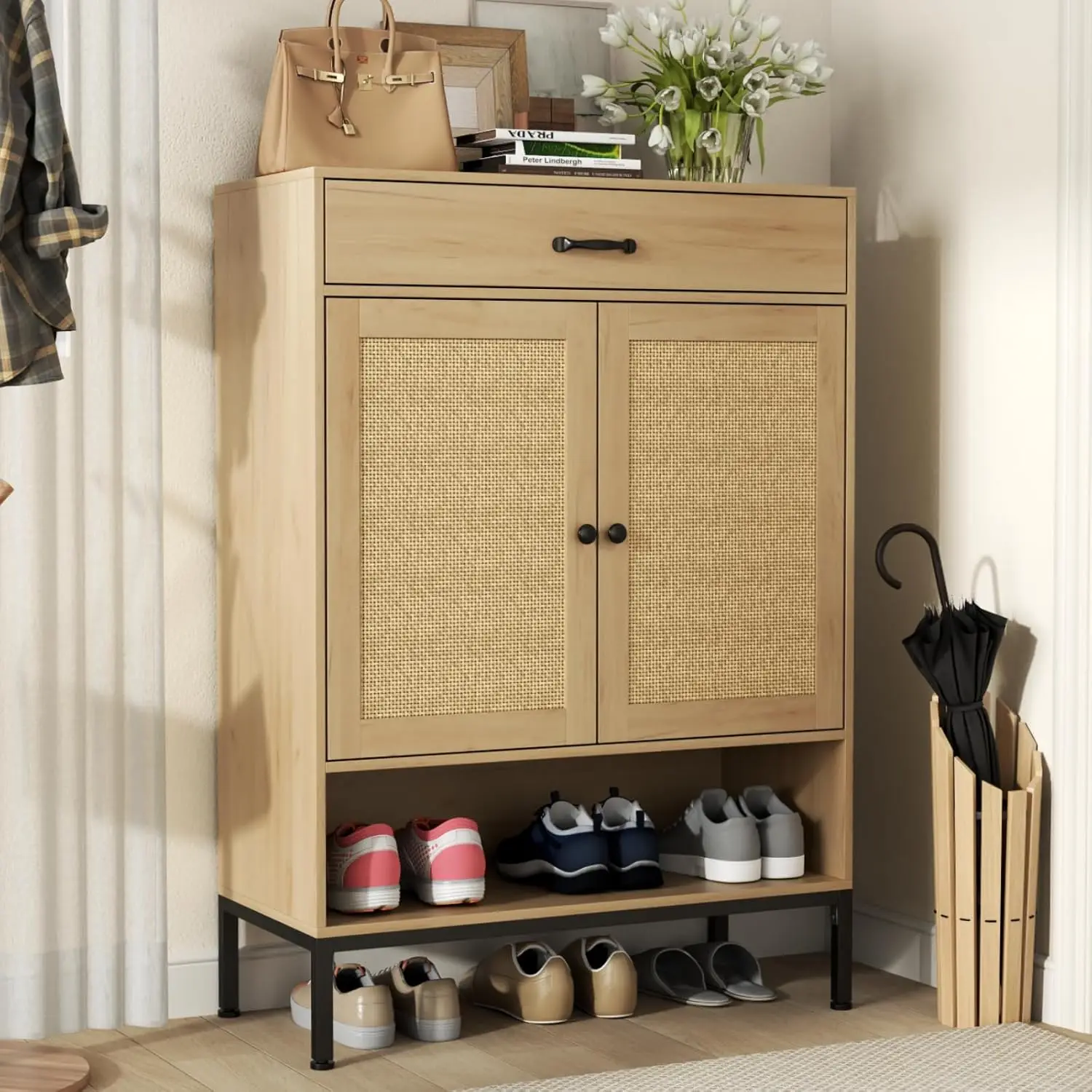 Loomie Rattan Shoe Cabinet, 5-Tiers Shoe Storage Cabinet With Doors, Storage Cabinet With Drawer & Bottom Cubby, 44.3