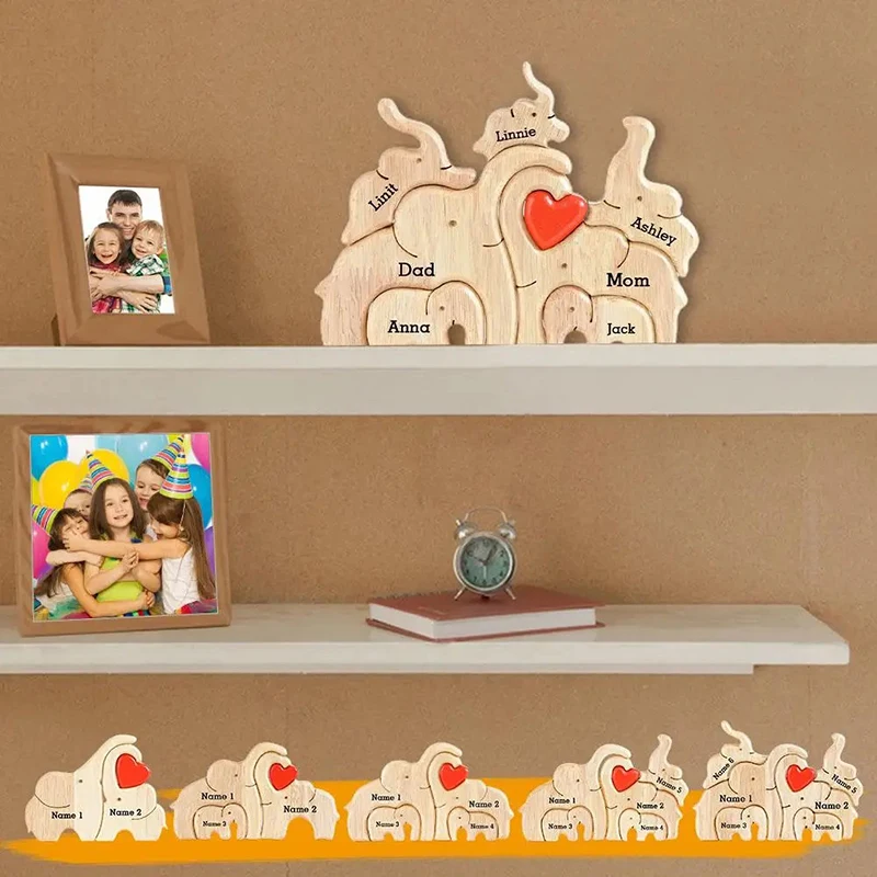 New Personalized Elephant Family Wooden Art Puzzle Wooden Desktop Decorations Animals Theme Customized Unite Gift For Family