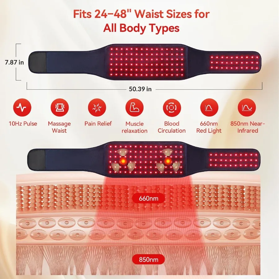 Cintura per terapia della luce rossa senza fili per alleviare il dolore alla schiena e dell'addome: fascia in vita a infrarossi ricaricabile da 5000 mAh con vibrazione a 3 modalità