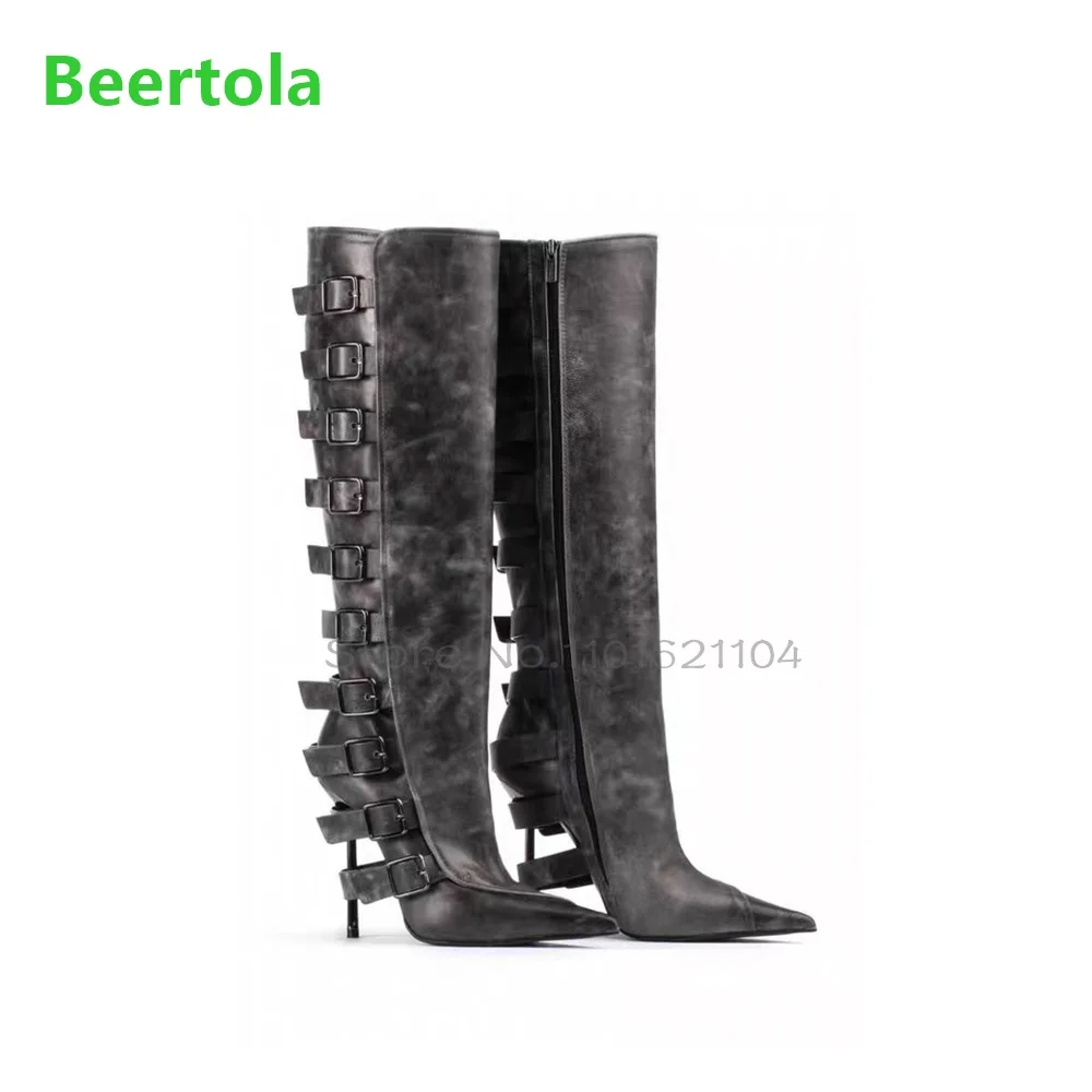 Black Pointed Toe Thin High Heel Boots For Female Women 2025 Winter Metal Buckle Design Side Zipper Sexy Fashion Leather Shoes