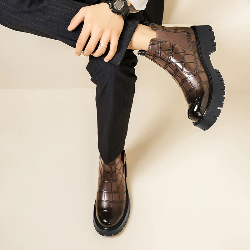 موضة سميكة سوليد الراحة أحذية جلدية غير رسمية فاخرة عالية أعلى الأعمال مكتب التنقل الأحذية جودة الرجال تشيلسي الأحذية #5