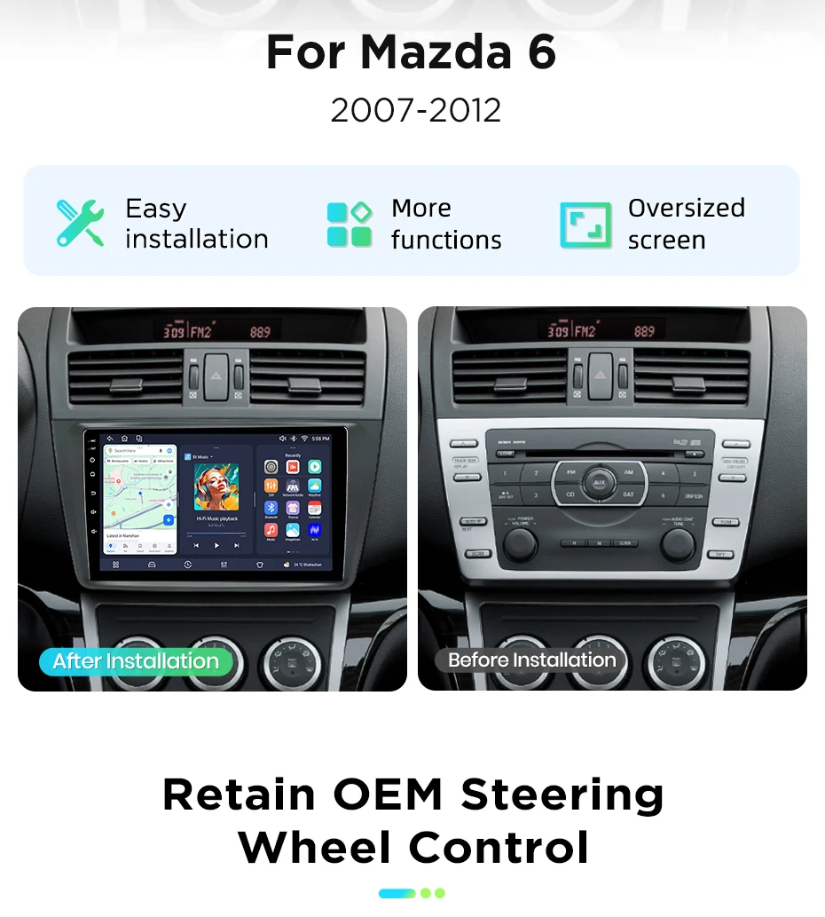 Android Autoradio für Mazda 6 Rui GH 2008-2015 2 DIN Multimedia, GPS-Navigation, SWC, Bluetooth, FM, RDS, DSP