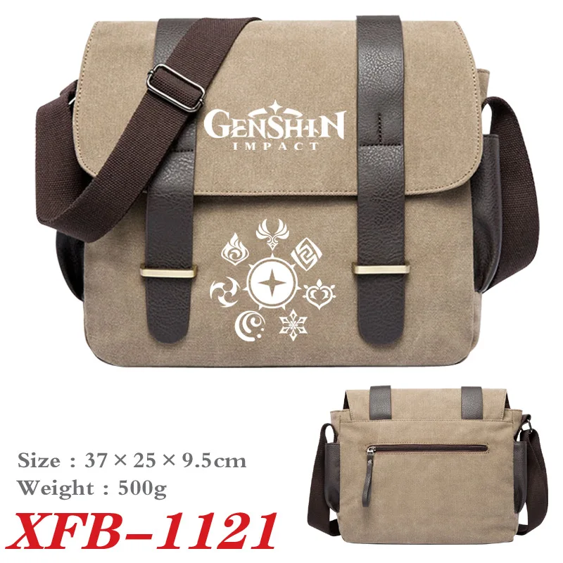 Anime Genshin Impact Shoulder Bag Messenger Travel Canvas Durable With 2 Leather Belt Buckle Bookbag