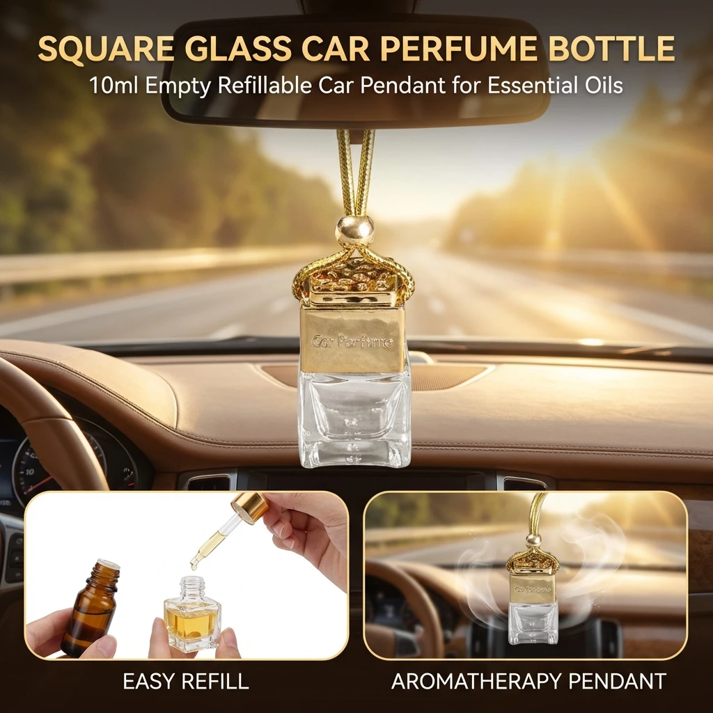 Square Glass Car Perfume Bottle 10ml Water Cube Design Essential Oil Container with Hanging Rope
