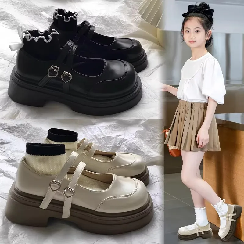 

Fashion Girls Leather Shoes Back To School Black Party Wedding Flats for Wedding Party with Heart Buckle Princess Kids Shoes New