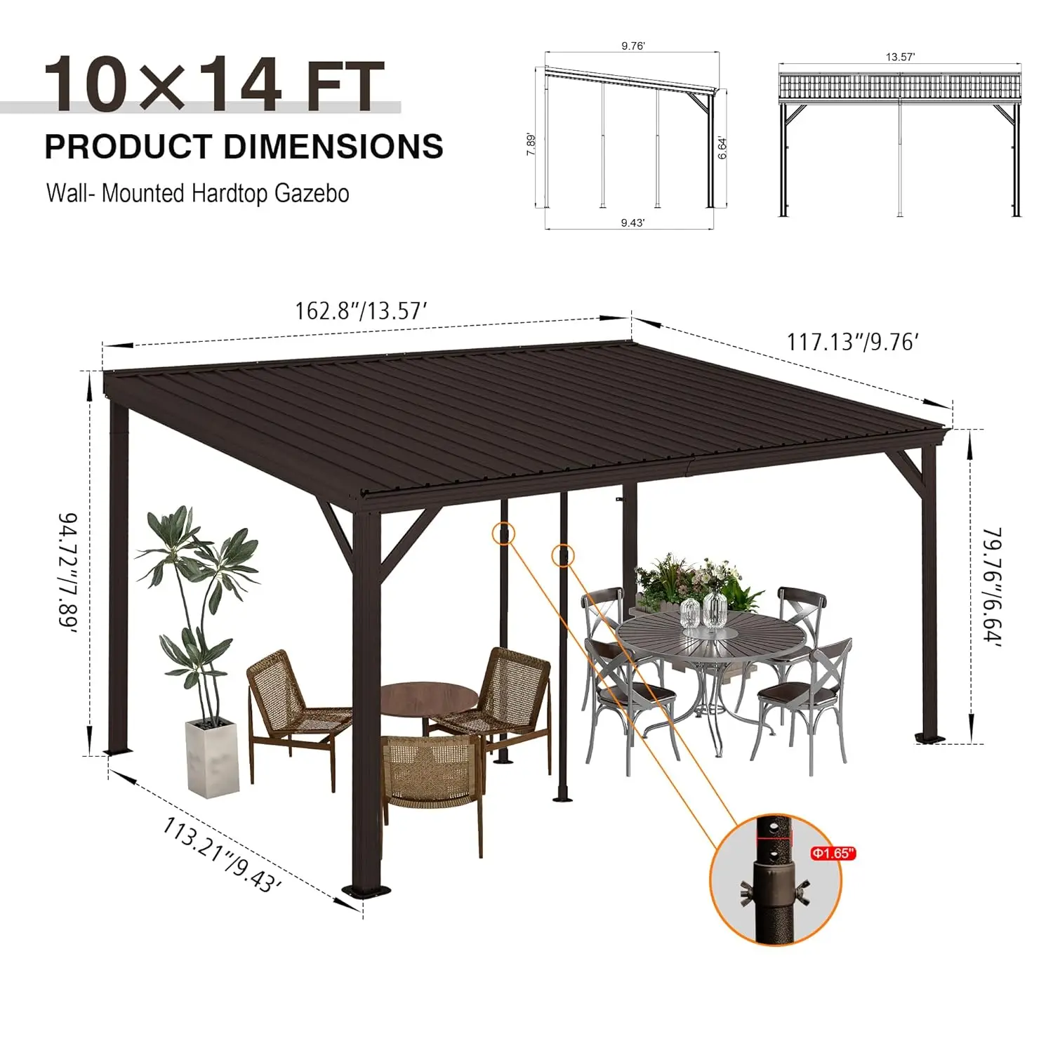 

Customizable 10x14 Wall Gazebo, Hardtop, Galvanized Steel Roof with Gutters, 60MPH Wind Patio Shade