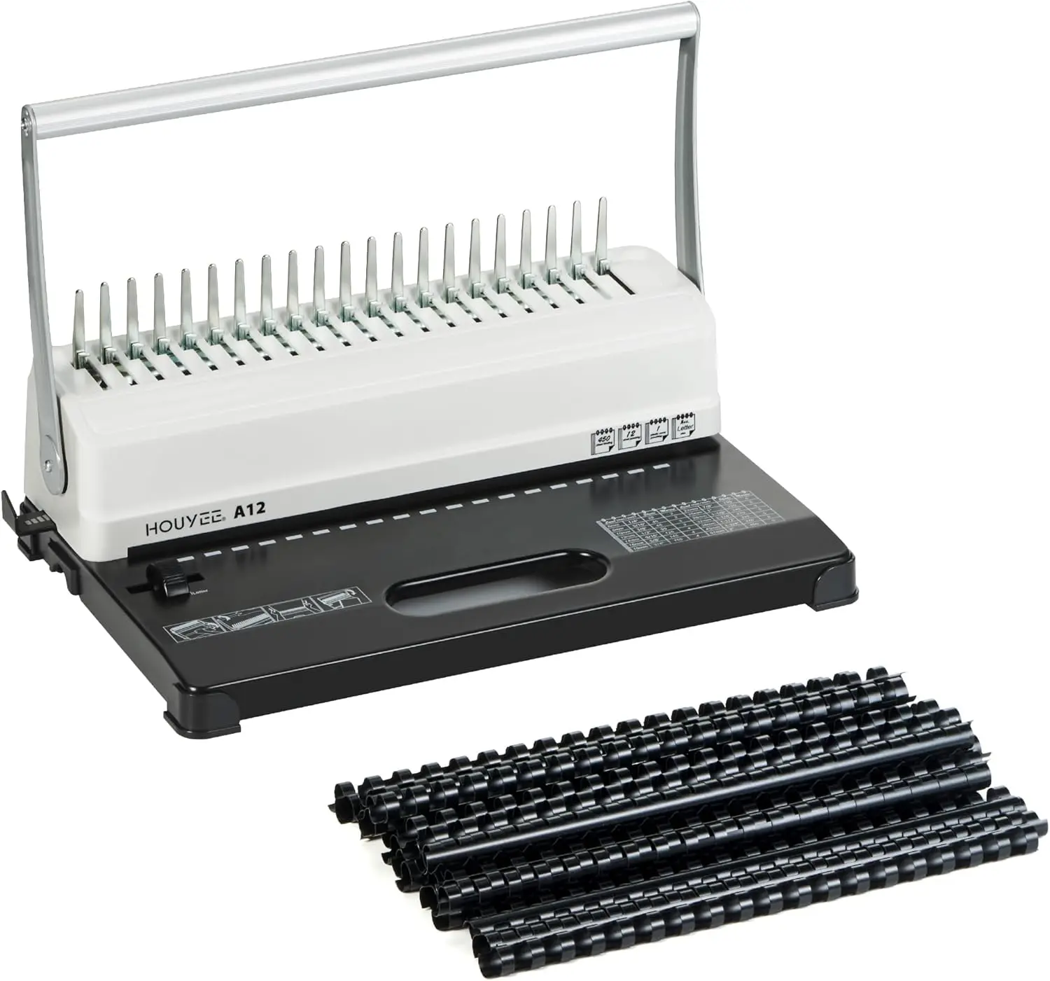 

19-Hole Comb Binding Machine, 450 Sheets Capacity, Adjustable Margin, for Letter Size Paper, with 50 Spines