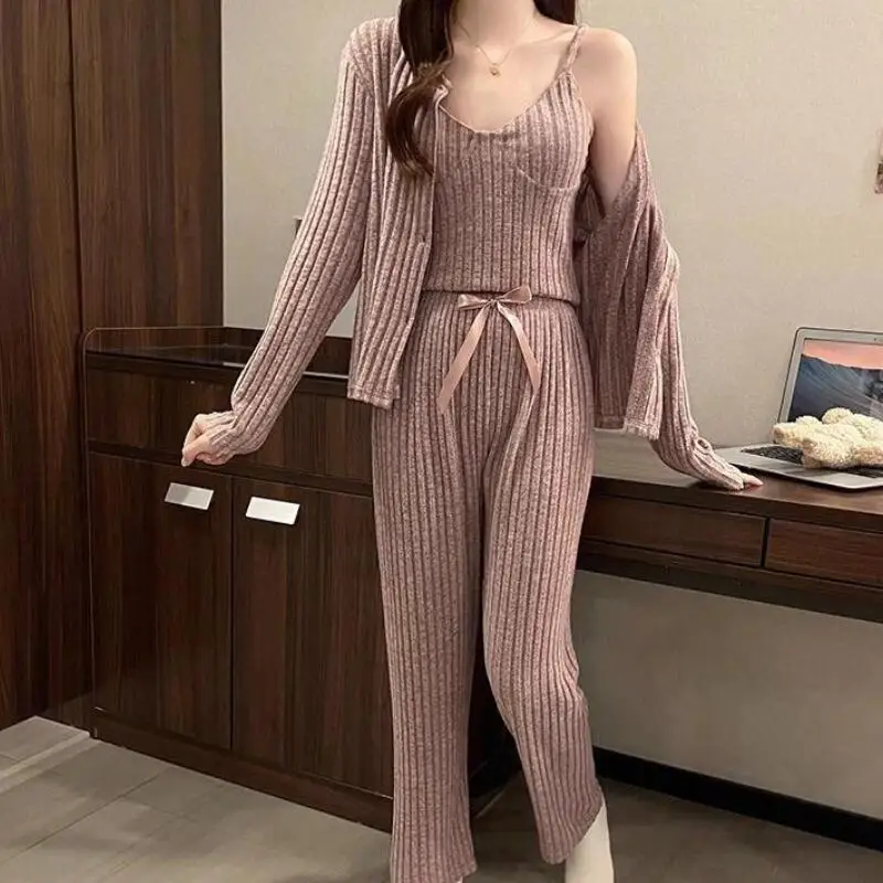 

Женские пижамные комплекты для девочек, сексуальный жилет с длинными рукавами и подушкой на груди, брюки, весенне-осенняя одежда из 3 предметов, одежда для сна, подарок для девочек