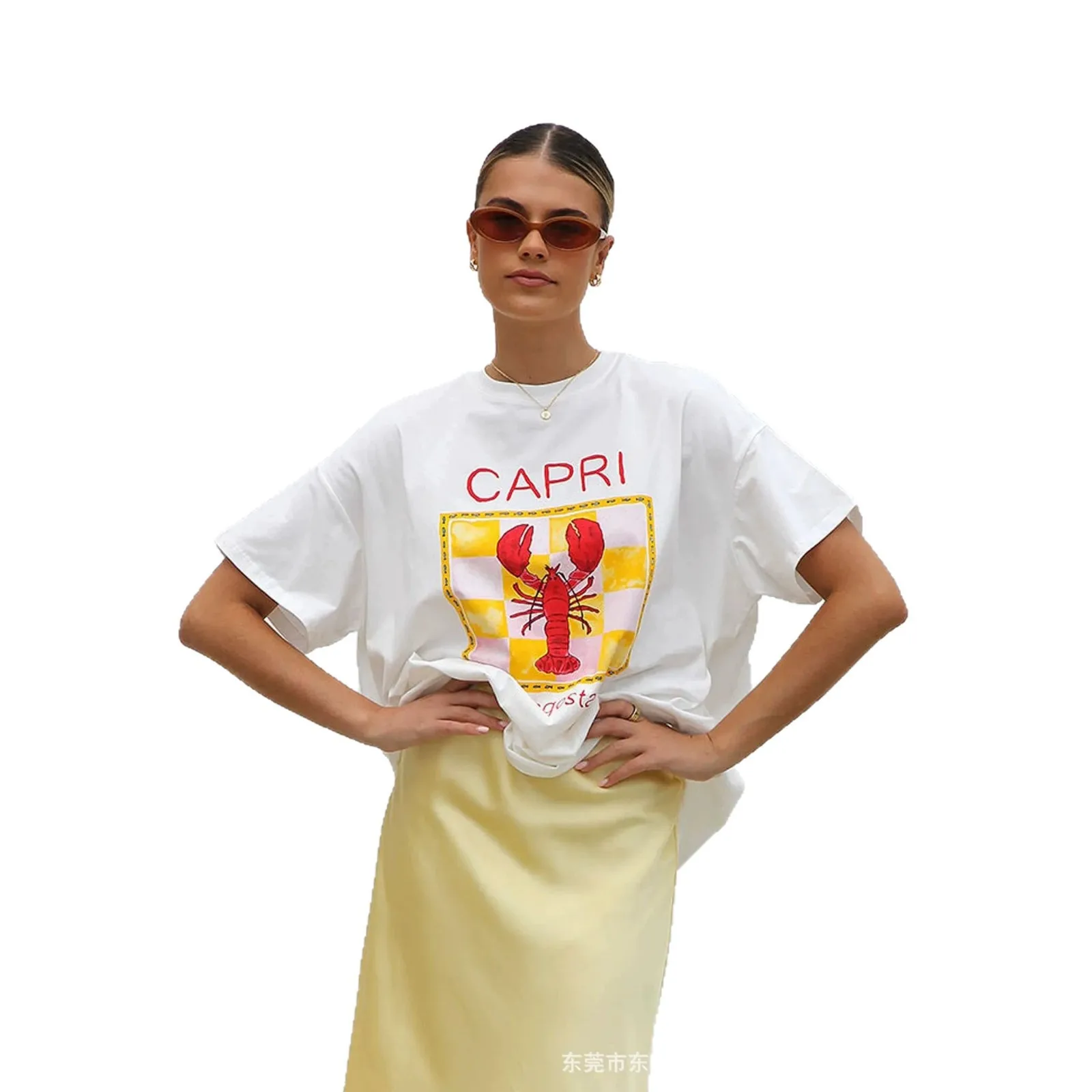 100% Italian Coast Lobster Print Casual Oversized White Cotton T-Shirt Unique Streetwear Sweet Women Holiday Leisure Loose Tops