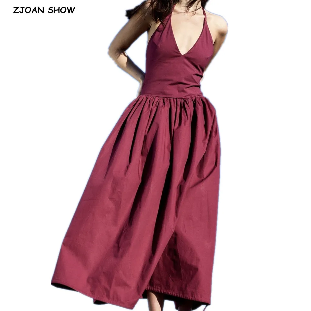 

2025 Retro Hepburn Halt V neck Jersey Spliced Ruched Swing Drawstring Hem Midi Dress Women Low Waist Long Sling Robe Holiday