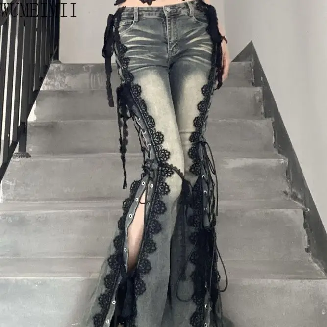 

American retro lace strap split jeans Spice girl slim micro horn mopping pants clothes techwear women