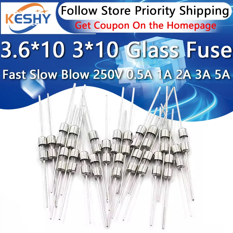 

20Pcs/lot 3.6*10 3*10 4*11 Glass fuse Fast Slow blow 250V 0.5A 1A 2A 3A 3.15A 4A 5A 6.3A 10A 15A with legs F/T type 3.6x10 3x10