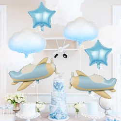 6pcs airplane balloon set, airplane, white cloud, star balloons, suitable for birthday party, adventure theme party decorations