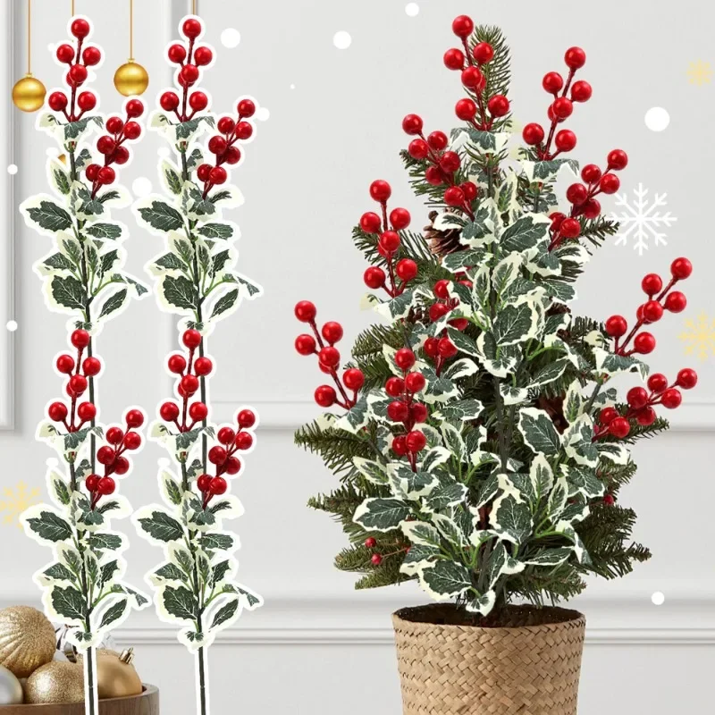 20/1pcs Articifial Christmas Red Berry Flowers Holly Leaves Branch DIY Wreath for Xmas Tree Ornaments New Year Party Home Decor