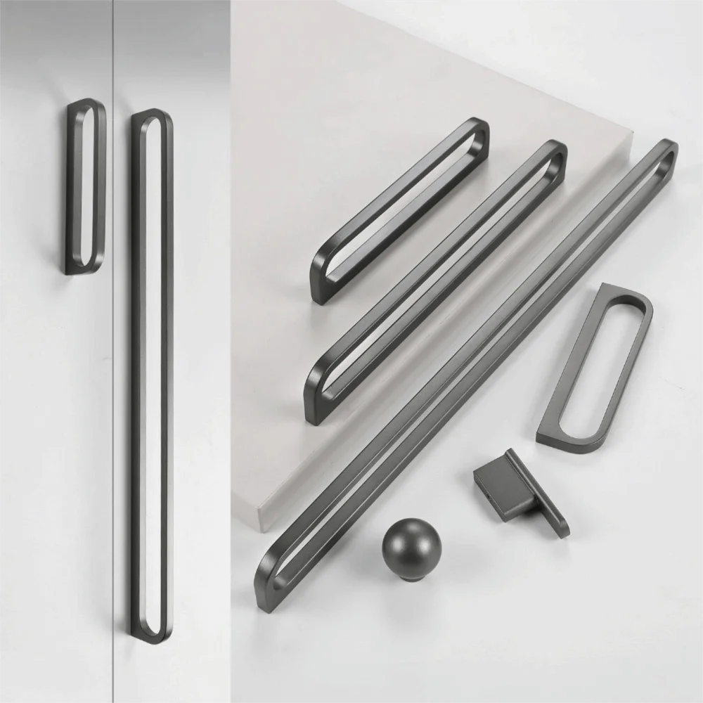 Dark Grey Cabinet Handles Hollow Single Hole Wardrobe Cupboard Door Pulls Longer Zinc Alloy Furniture Handle