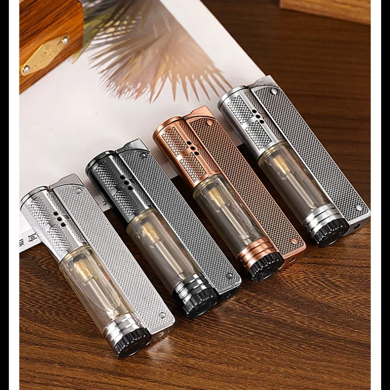 Cylindrical Strip Lighetr Jet Torch Flame Windproof Inflatable Butane Lighters Transparent Visible Fuel Tank Cigar Accessories