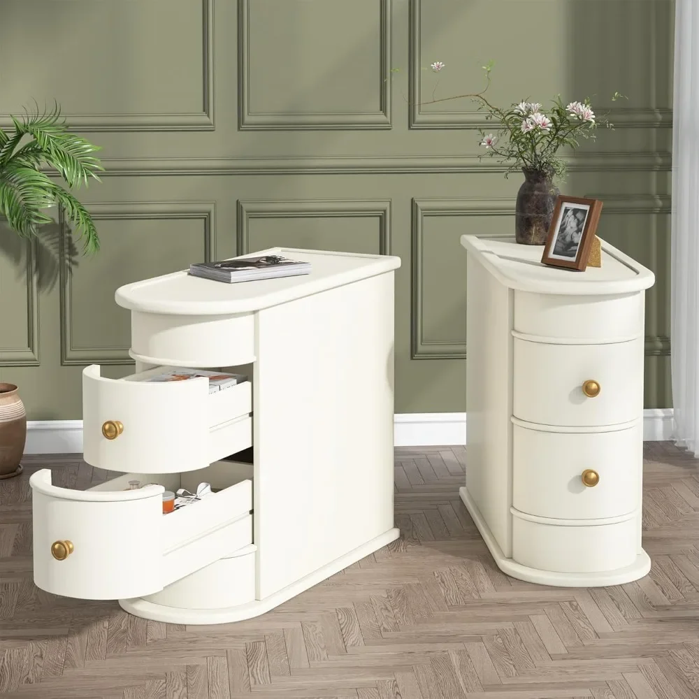 Bedroom ultra-thin bedside table set of 2, with 2 drawers, no assembly required, closed narrow edge table, ivory white