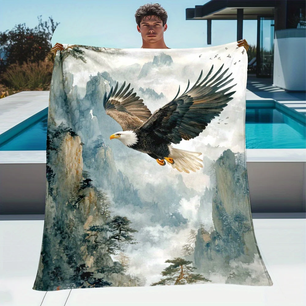 1pc Majestic Eagle & Lone Wolf Forest Print Flannel Throw Blanket - Soft, Warm Polyester Fleece, Lightweight & Portable for Sofa